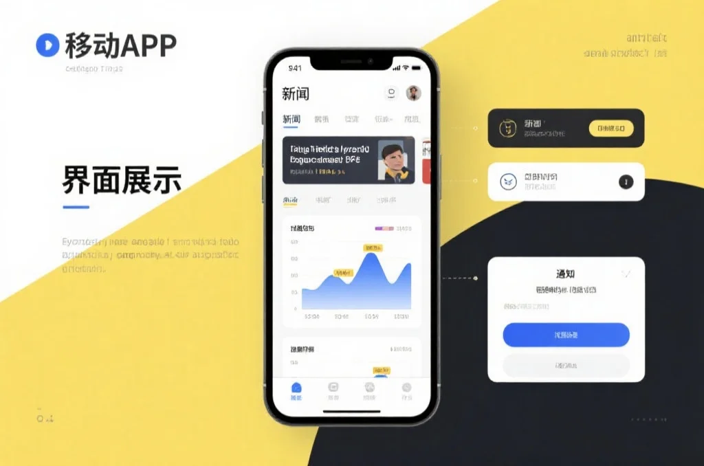 现代风格的移动应用界面展示，屏幕上有新闻资讯、数据图表和通知推送等功能模块